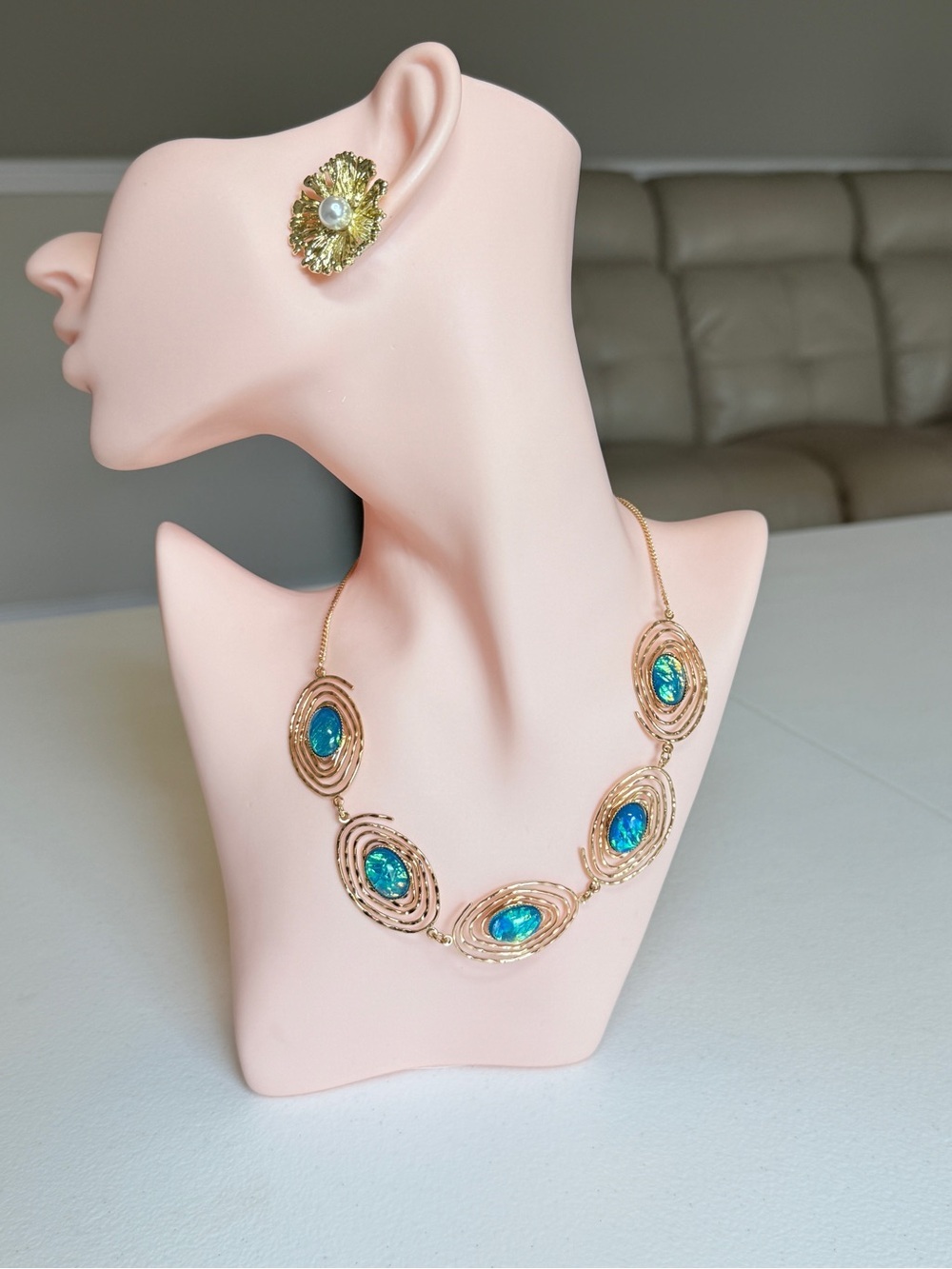 Gold-Tone Necklace with Blue Oval Stones - Women's Jewelry